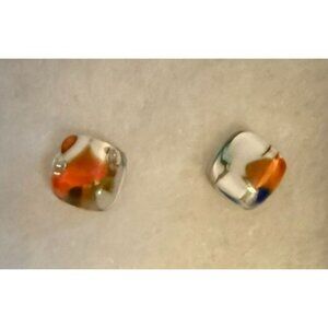 Murano-Style Handcrafted Glass Stud Earrings 3/8 Inch Orange and Clear